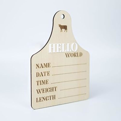 Baby Announcement Sign 6.5 Inch Wooden Hello World Newborn Welcome Sign Birth Baby Name Plaques for Photo Props Baby Shower Hospital Nursery (COW1)