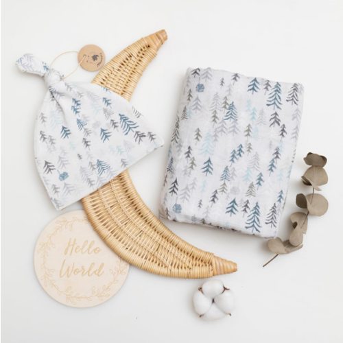 Miaoberry Organic Muslin Swaddle Set with Matching Beanie n Birth Announcement Card, Solitude, Winter Forest, Pine Tree