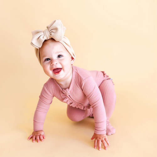 Dusty Rose Ribbed Footie Ruffled Zippered One Piece - Posh Peanut