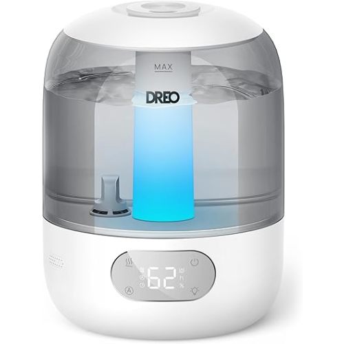 Dreo Humidifiers for Bedroom, Cool Mist Ultrasonic Humidifiers with 30Hr Runtime, Top Fill 3L Tank, Easy Clean, Humidity Sensor, Night Light for Baby, Nursery, 360° Nozzle for Plants and Home, Grey
