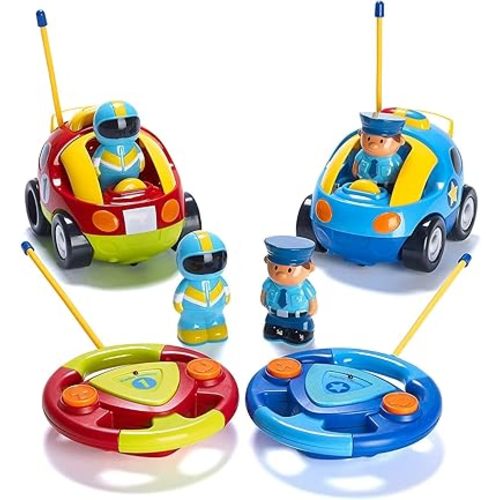 PREXTEX Cartoon Remote Control Car - 2-Pack Police and Race Car Toddler Toys - RC Cars for Kids with Different Frequencies - Easy Remote Control Toy and Thoughtful Gifts for Boys and Girls