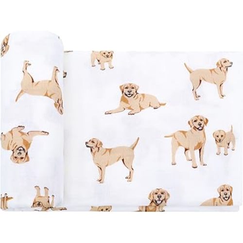 LifeTree Baby Swaddle Blankets Dog Pattern, Muslin Blankets Boys Girls Swaddling Wrap Receiving Blanket for Newborn, 70% Viscose from Bamboo and 30% Cotton, Large 47" x 47", Labrador