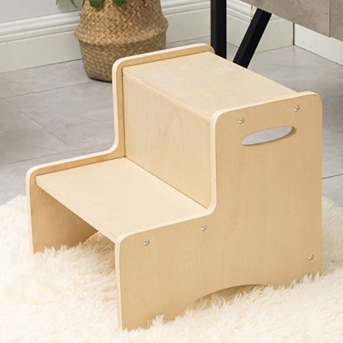 WOOD CITY Wooden Toddler Step Stool for Kids, Bathroom Potty Stool & Kitchen Stool, Natural Two Step Stool for Bedroom, Children's Stool with Handles and Safety Non-Slip Pads - Beige