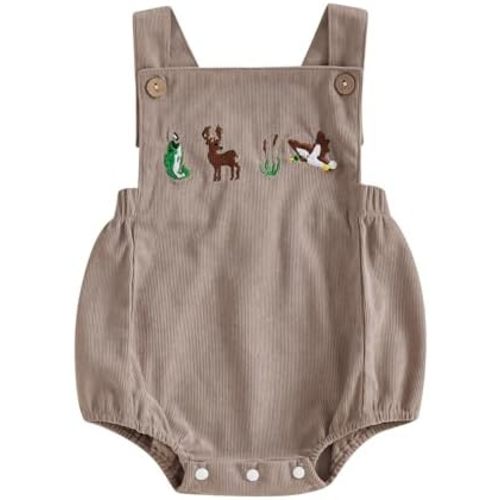 Infant Baby Hunting Clothes Duck Deer Embroidery Sleeveless Corduroy Romper Camo Overalls Vintage Baby Boy Clothes