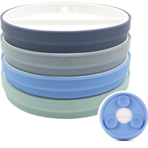 Elk and Friends Kids 6.7” Porcelain Divided Plates with Silicone Suction Sleeves | Suitable for Babies/Kids/Toddlers | Microwave & Dishwasher Safe | Non Slip | Snack Dishes | 4 Pack
