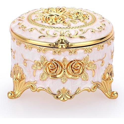 Hipiwe Vintage Round Jewelry Box Small Trinket Storage Organizer Box Gold Metal Chest Ring Case Treasure Box Keepsake Box Earrings Necklace Storage Box Gift for Girl Women, Small