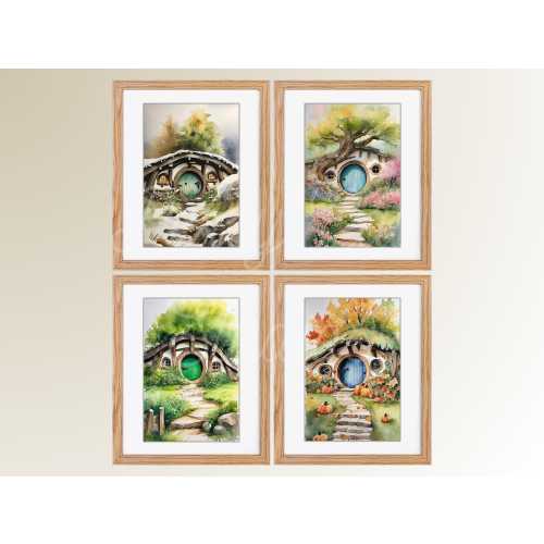 Hobbit Hole 4 Seasons, Set of 4, Watercolor Art Painting, Home Decor Fantasy Print, LOTR, JRR Tolkien, Gift, spring summer fall winter
