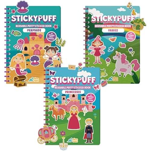 Stickypuff Value Pack - 3 Reusable Puffy Sticker Book for Toddlers - Puffy Stickers for Toddlers - Travel Activities for Kids Ages 4-8 - Screen Free Birthday Gifts (Wonderland)