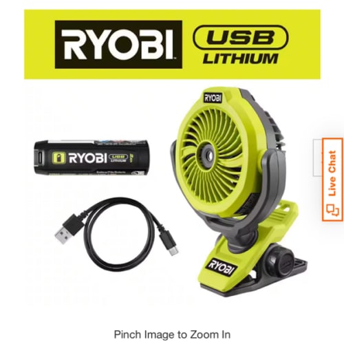 RYOBI USB Lithium Cordless Misting Clamp Fan Kit with USB Lithium 2Ah Battery and Charging Cable FVF55K