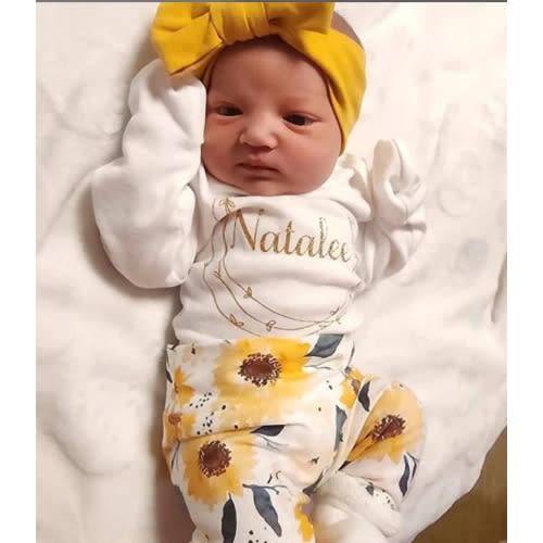 Newborn Girl Coming Home Outfit;Personalized Bodysuit, Sunflower Floral Outfit, Baby Girl, Baby Shower, Premie Girl, Baby Booties