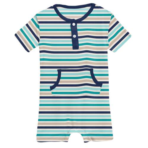 Print Kangaroo Romper in Sand and Sea Stripe