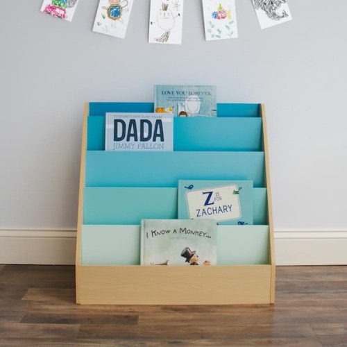 Skylar Children's Wooden Bookcase Storage Rack with 5 Tiers, 24 in. W, Natural/Aqua