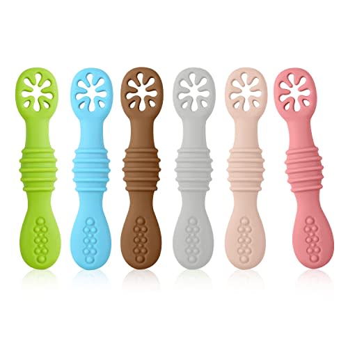 TOYMIS 6pcs Silicone Baby Spoons, First Stage Toddler Utensils Baby Led Weaning Spoons Baby Chew Spoon Training Spoon Toddler Self Feeding Utensils for Baby over 6 months (6 Colors) Z20010