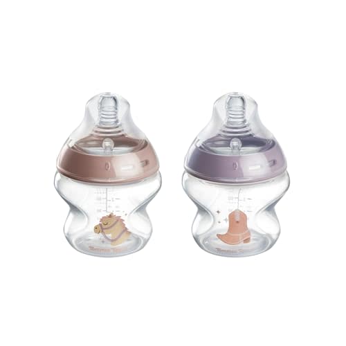 Tommee Tippee Natural Start Newborn Baby Bottles, 5 oz with Slow Flow Breast-Like Nipples for A Natural Latch, Self-Sterilizing and BPA Free, Cowboy Theme, Pack of 2