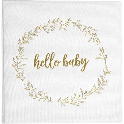 Linen Hello Baby Memory Book, First 5 Years Milestone Journal, Neutral Newborn Keepsake Scrapbook and Photo Album, Cream and Gold
