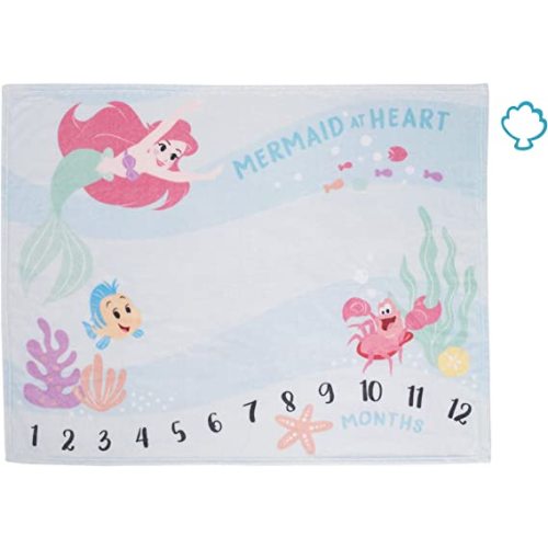 Disney The Little Mermaid Ariel, Aqua, Pink & Green, Super Soft Milestone Baby Blanket, Aqua, Pink, Green, Yellow - The Little Mermaid Ariel Aqua Pink & Green