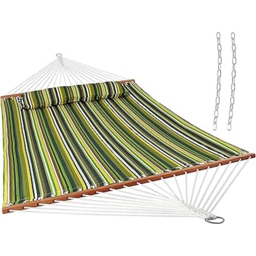 Sunnydaze Quilted Outdoor Hammock with Spreader Bars - Heavy-Duty 450-Pound Capacity Double Hammock for Outside - Melon Stripe