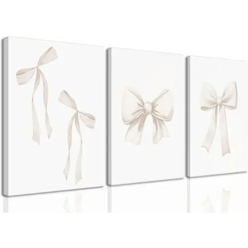 Djmwtb Preppy Bow Canvas Wall Art Beige Coquette Poster Prints Set of 3 Girly Apartment Aesthetic Pictures College Dorm Painting Decor for Girls Bedroom 12x16in Framed