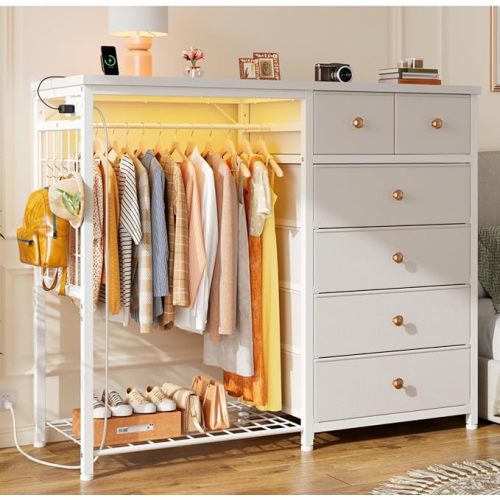 EnHomee 49.2" W Dresser with Hanging Rack & 6 Fabric Drawers for Bedroom, Featuring LED Lights and Charging Station, White Fabric Dressers & Chest of Drawers with Grid Panel & 4 Hooks, Wooden Top