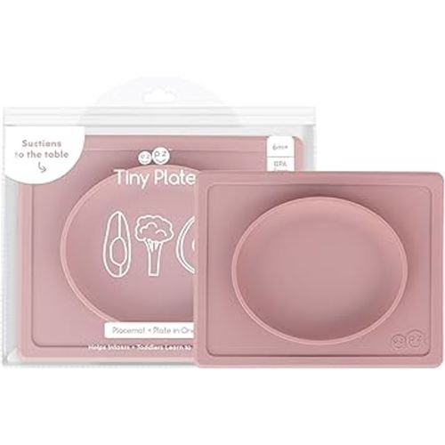 ezpz Tiny Plate (Blush) - 6 Months+ - 100% Silicone Suction Placemat + Plate for Infants - Fits on Most Highchair Trays - Baby Led Weaning Supplies