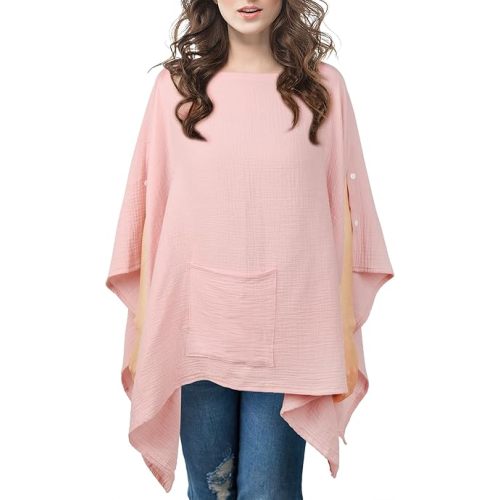 MVUOCR Muslin Nursing Cover, Breastfeeding Cover with 360°Full Privacy Protection, Soft & Breathable Nursing Poncho for Baby and Mom, Multi-use Carseat Canopy-Pink