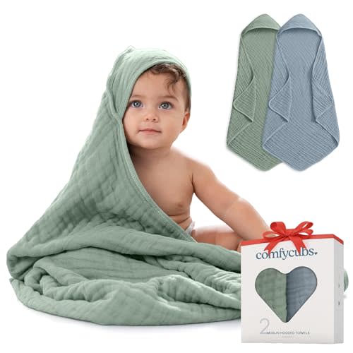 Comfy Cubs Hooded Baby Towel 2-Pack, Large 32 x 32 Inch - 6 Layer 100% Muslin Cotton for Babies, Toddlers, Kids - Soft & Absorbent Baby Bath Towels - Unisex Design for Bath Time, Pacific Blue and Fern