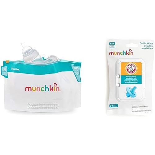 Munchkin® Sterilize™ Microwave Bottle Steam Sterilizer Bags, 30 Uses per Bag, 6 Pack & Arm & Hammer Pacifier Wipes - Safely Cleans Baby and Toddler Essentials, 1 Pack, 36 Wipes