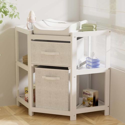 Glaf Baby Changing Table Diaper Changing Station Corner Diaper Changing Table with Storage Bin, Laundry Hamper and Pad (White)