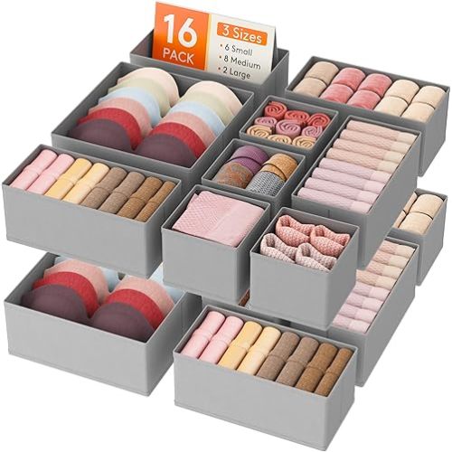 Lifewit Drawer Organizer Clothes for Closet 16 Pack, 3 Sizes Underwear Wardrobe Drawer Dividers, Fabric Foldable Dresser Storage Organizer Bins for Sock, Bra, Lingerie, Undies, Grey