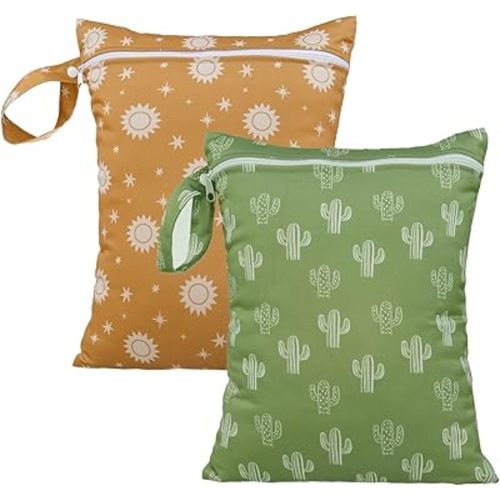 HappyFlute 2pcs Waterproof Bag Set - Cactus & Animal Pattern Wet/Dry Bag for Towels, Diapers, Swim, Beach, Gym - 10.2x14.4 inches
