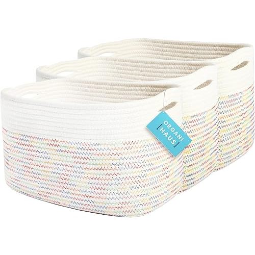 OrganiHaus Set of 3 Rainbow Stiches Woven Storage Baskets for Organizing, Cotton Rope Storage Baskets for Shelves, Soft Bathroom Bins for Organizing, Decorative Cute Nursery Bins for Toys