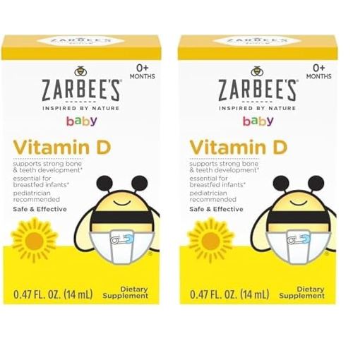 Zarbee's Vitamin D Drops for Infants, 400IU (10mcg) Baby & Toddler Liquid Supplement, Newborn & Up, Dropper Syringe Included, 0.47 Fl Oz (Pack of 2)