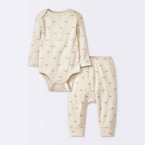 Baby 2pc Weiner Dogs Wide Ribbed Top & Bottom Set - Cloud Island™ Khaki Newborn
