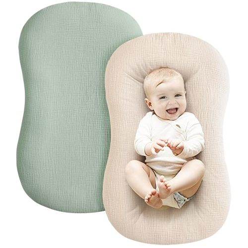 Konssy Muslin Baby Lounger Cover 2 Pack, 100% Cotton Newborn Lounger Cover, Soft and Breathable Lounger Slipcover for Boys Girls, Covers Only (Green,Wheat)