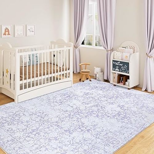 DUKINO Washable Area Rug 5x7, Boho Low-Pile Rugs for Living Room, Non Slip Rubber Backing Girls Rugs, Soft Vintage Nursery Rug for Living Room, Bedroom, Dining Room, and Office, Purple