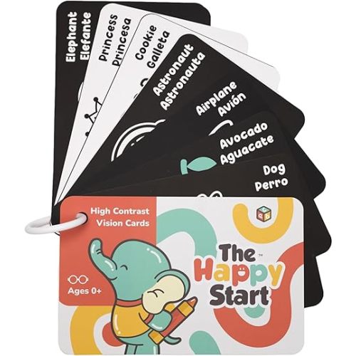 Happy Start High Contrast Vision Cards: Easy to Clean - Water-Resistant - Hospital Approved - Diaper Bag Ready - Newborn Toy - Tummy Time Toys - Black and White Baby Toys - Ages 0+ (English & Español)