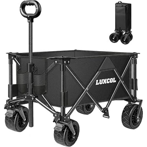 LUXCOL Collapsible Folding Wagon, Heavy Duty Utility Beach Wagon Cart for Sand with Big Wheels, Adjustable Handle and Drink Holders for Shopping, Camping,Garden and Outdoor