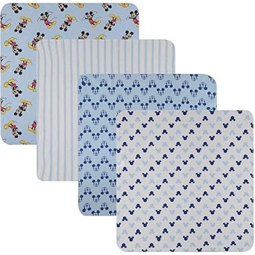 Disney Baby 4-Pack Receiving Blankets — 100% Cotton Flannel, 28" x 28" — Available in Mickey, Minnie, Pooh, Stitch or Angel — Soft Swaddle, Burp & Stroller Blankets — Gift-Ready with Ribbon Bow