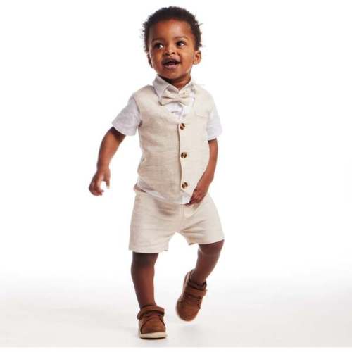 Infant Short Sleeve Buttondown Bowtie Vest Set, Beige - Andy & Evan | Maisonette