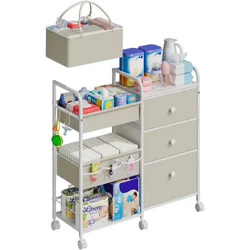 2In1 Baby Diaper Caddy Organizers and Storage, 3 Tier Rolling Cart with Dividers and Drawers, Mobile Utility Cart Baby Dresser Clothes Organizer for Changing Table, Crib Nursery, Bedroom