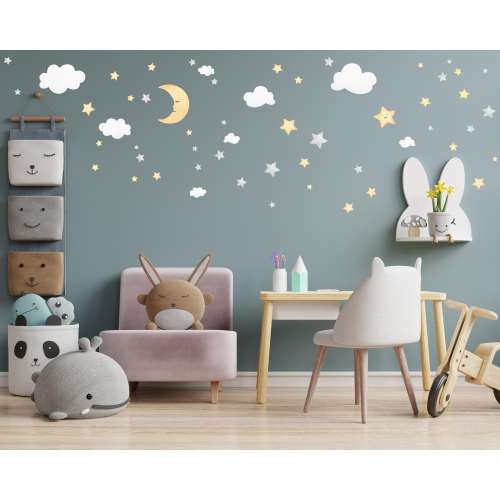 Watercolour Crescent Moon, Stars and Clouds Wall Decals, Moon and Stars Nursery Wall Stickers, Starry Sky Playroom Decor, Kids Rooms Mural