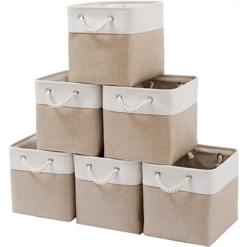 11 x 11 Inch Cube Storage Bins, 6 Pack Large Collapsible Fabric Storage Bin with Ropes, Foldable Storage Cubes for Home, Office,Closet, Clothes, Toys Organizer (White & Beige-11"x11"x11")