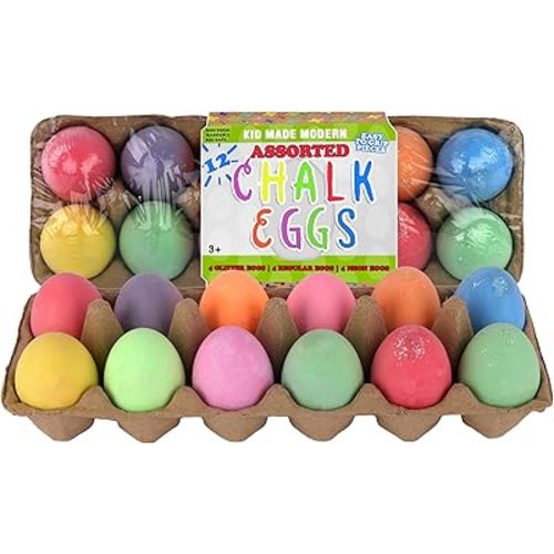 Kid Made Modern Glitter Egg Chalk - Set of 12 Assorted Vibrant Egg-Shaped Chalks for Kids - Non-Toxic, Washable, Dust-Free & Mess-Free - Fun Crafting & Drawing for Kids Ages 3+ and Beyond