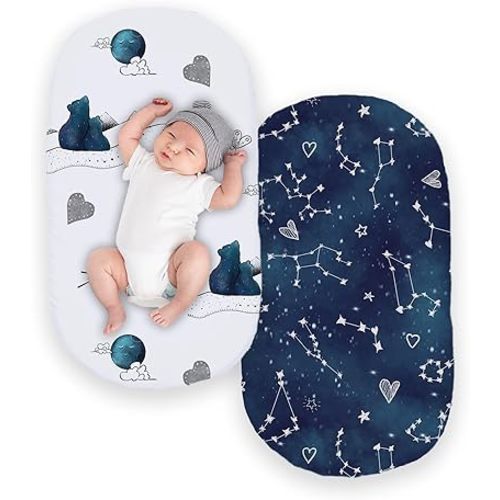JumpOff Jo - 2-Pack Hypoallergenic Fitted Bassinet Sheet for Baby Boys & Girls - Rectangular, Hourglass & Oval Crib Compatible, Soft, Breathable, Machine Washable (Galaxy and Mama Bear)