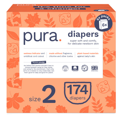 Pura Sensitive Soft Sustainable Baby Diapers Size 2, 174 Count (Choose Your Size and Count)