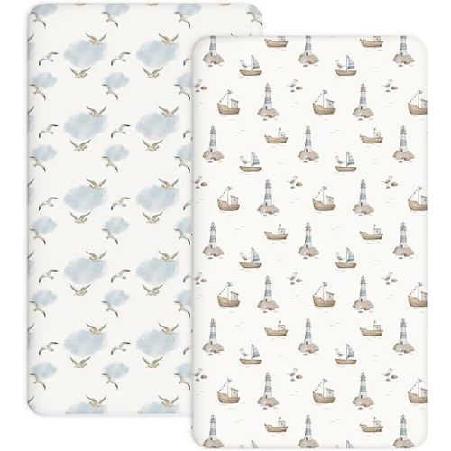 Crib Sheets for Boys and Girls, 2 Pack Fitted Baby Sheets for Standard Toddler Mattress 28" x 52", Soft Breathable Jersey Knit Baby Bedding (Sailing Waves)