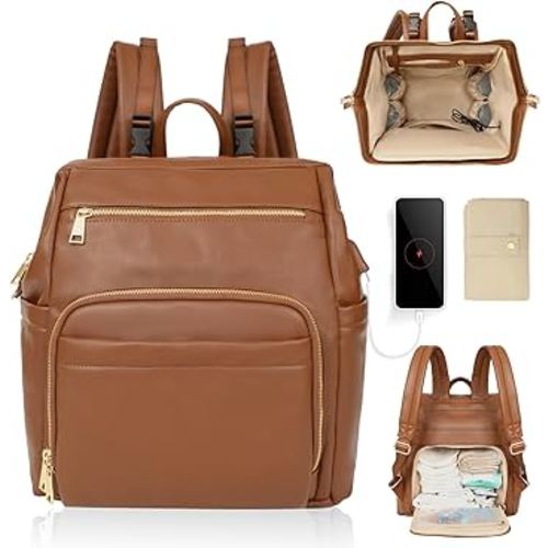 Omanmoli Diaper Bag Backpack Leather Diaper Bag Backpack Baby Bags With 18 Organizing Pockets,6 Insulated Pockets,USB Charging Port,Stroller Straps,Changing Pad (Brown)