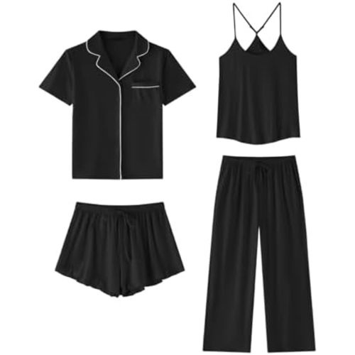 SAPJON Womens Soft Pajama Sets 4 Pcs Button Down Short Sleeve Top and Pants Cami and Ruffle Shorts Pjs Lounge Sets Sleepwear