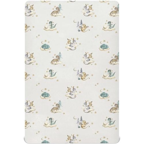 Cartoon Dragons Crib Sheets for Boys Girl Fairy Tale Dragon Moon Stars Clouds Mattress Cover Animal Themed Unisex Toddler Baby Bed Sheets Fitted Standard Crib Sheets 28x52 Inch