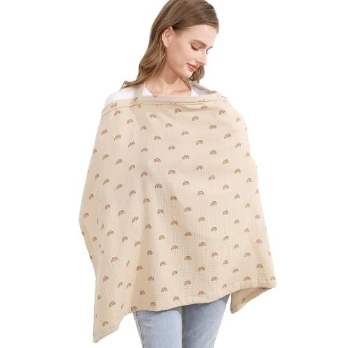 Muslin Nursing Cover for Baby Breastfeeding, Breathable 100% Cotton Breastfeeding Cover with Rigid Hoop for Mother Nursing Apron (Ivory Rainbow)